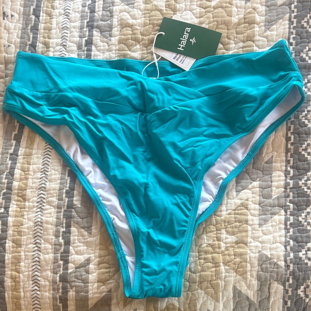 HALARA Women's Lake Blue Crossover Cheeky High Waist Bikini Bottom BNWT